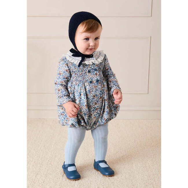 Beatrice Floral Hand Smocked Double Breasted Romper, Blue - Rompers - 2