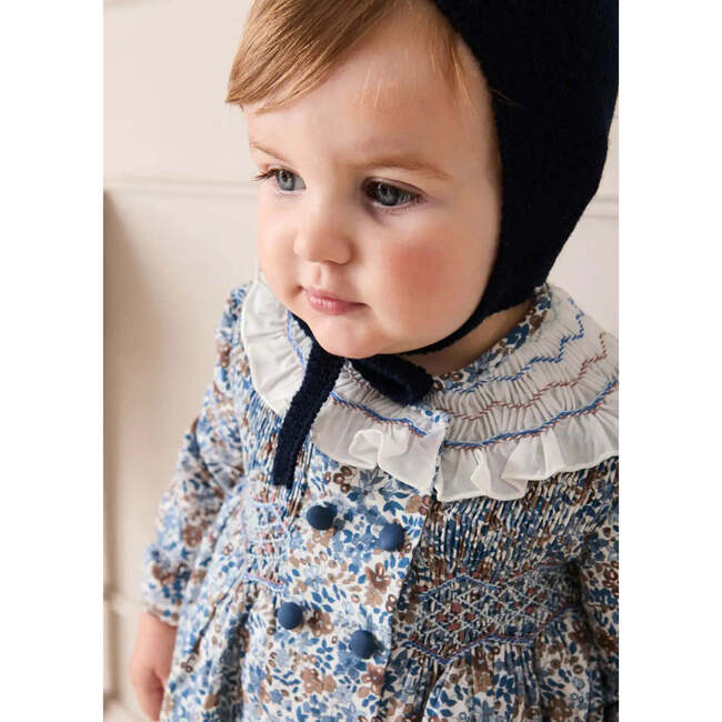 Beatrice Floral Hand Smocked Double Breasted Romper, Blue - Rompers - 3