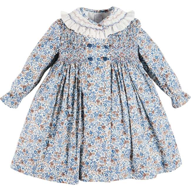Beatrice Floral Hand Smocked Double Breasted Long Sleeve Dress, Blue