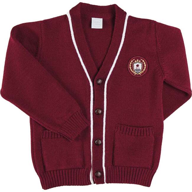 Apple Crest Pocket Detail with White Trim Cardigan, Burgundy