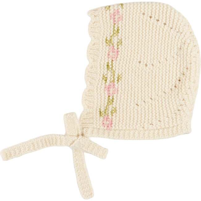 Alpaca Wool Floral Embroidered Bonnet, Cream