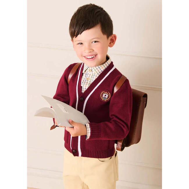 Apple Crest Pocket Detail with White Trim Cardigan, Burgundy - Cardigans - 2