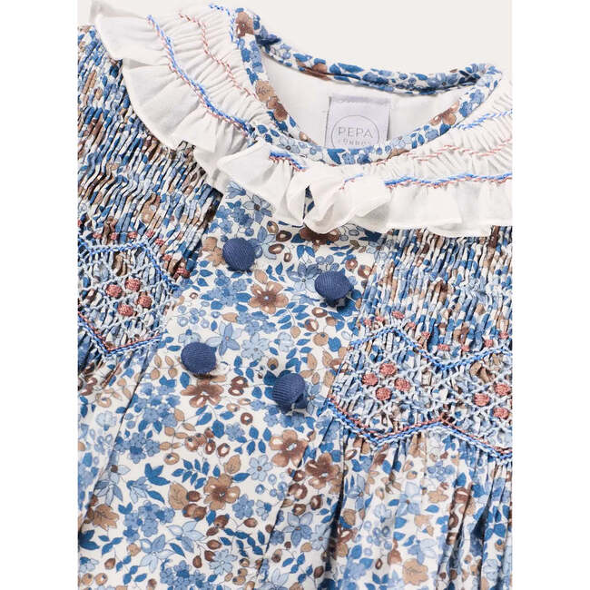 Beatrice Floral Hand Smocked Double Breasted Romper, Blue - Rompers - 5