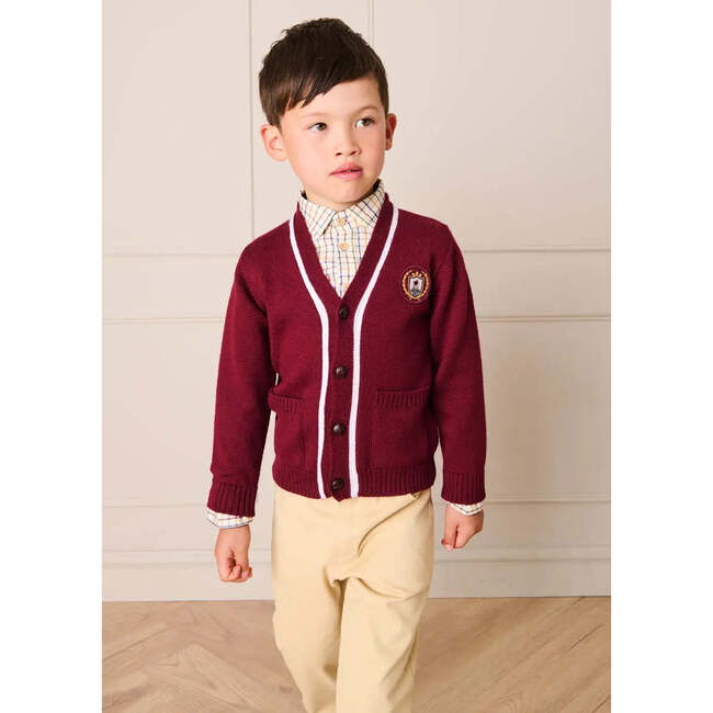 Apple Crest Pocket Detail with White Trim Cardigan, Burgundy - Cardigans - 3
