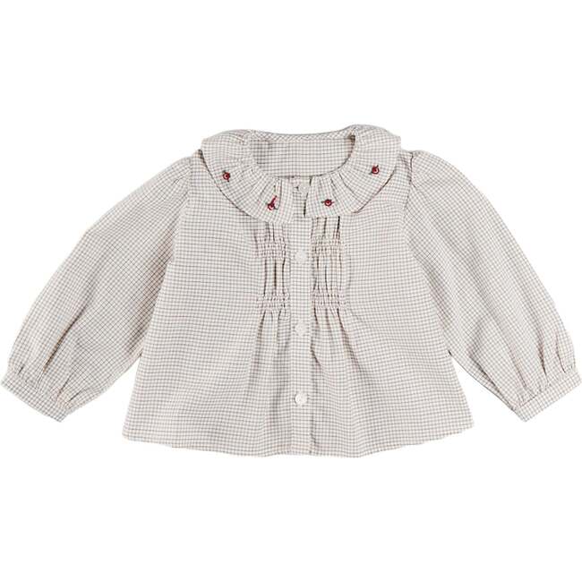 Ambrose Check Floral Embroidered Long Sleeve Blouse, Cream