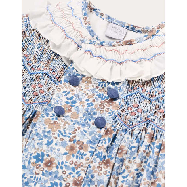 Beatrice Floral Hand Smocked Double Breasted Long Sleeve Dress, Blue - Dresses - 4