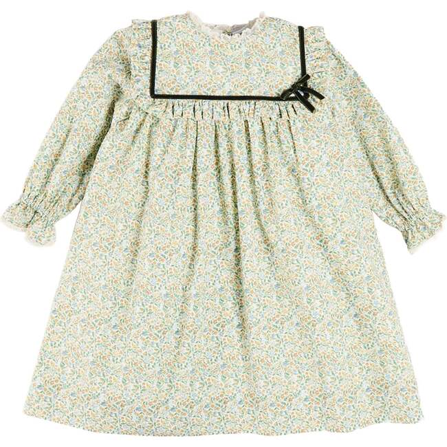 Adelaide Floral Velvet Bow Long Sleeve Trapeze Dress, Green