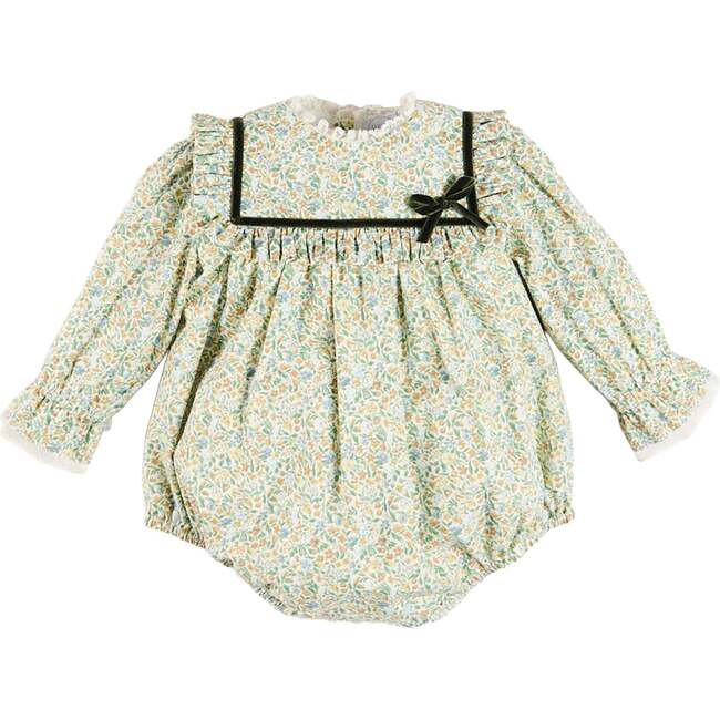Adelaide Floral Velvet Bow Lace Trim Long Sleeve Romper, Green