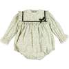 Adelaide Floral Velvet Bow Lace Trim Long Sleeve Romper, Green - Rompers - 1 - thumbnail