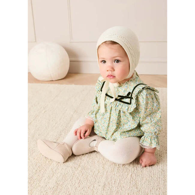 Adelaide Floral Velvet Bow Lace Trim Long Sleeve Romper, Green - Rompers - 2