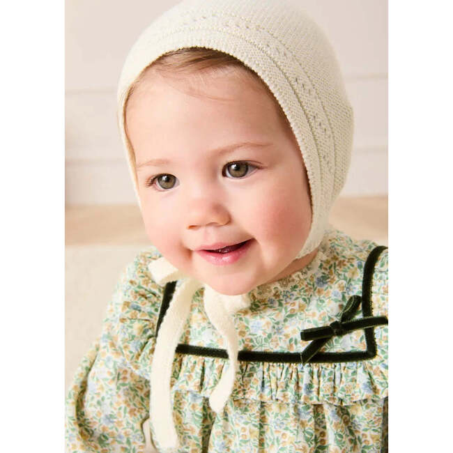 Adelaide Floral Velvet Bow Lace Trim Long Sleeve Romper, Green - Rompers - 3