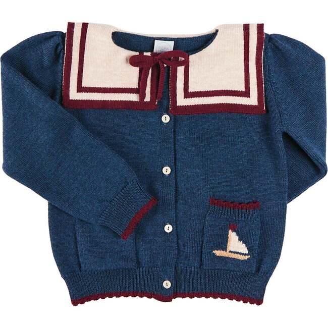 Mariner Collar Jacquard Boat Embroidered Detail Cardigan, Navy
