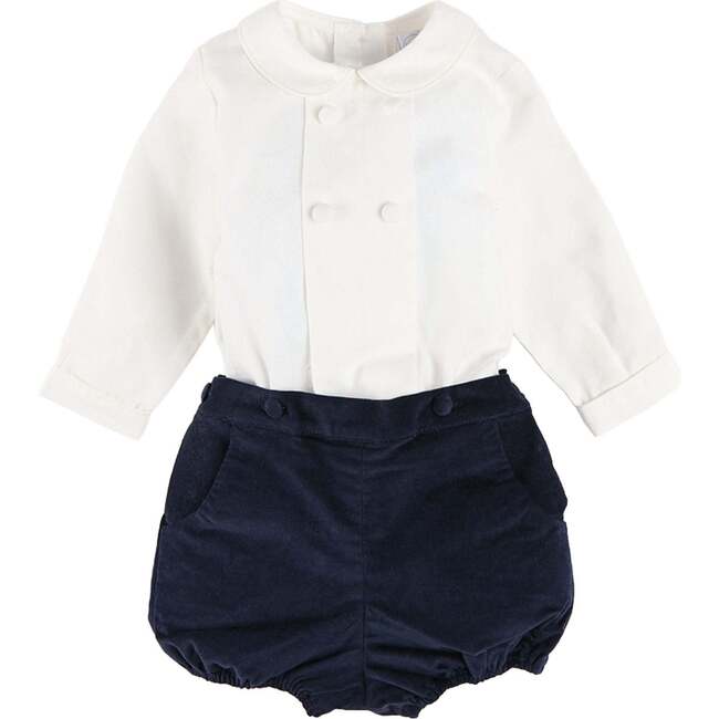 Peter Pan Collar Velvet Button Detail Two Piece Set, Navy
