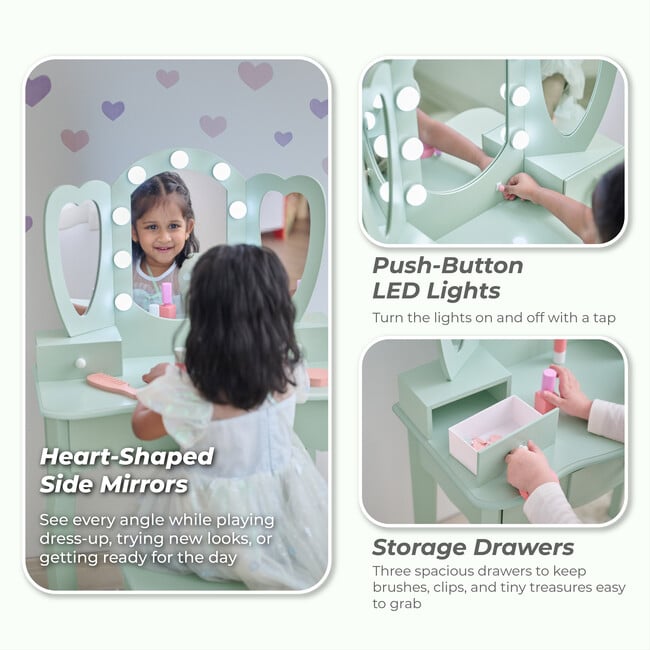 Teamson Kids Heart Glow Wooden Vanity Set with LED Lights Mirror & Stool, Sage Green - Play Vanities - 3