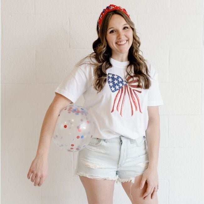 Patriotic Sequin Bow Patch Adult Short Sleeve T-Shirt, White - T-Shirts - 2