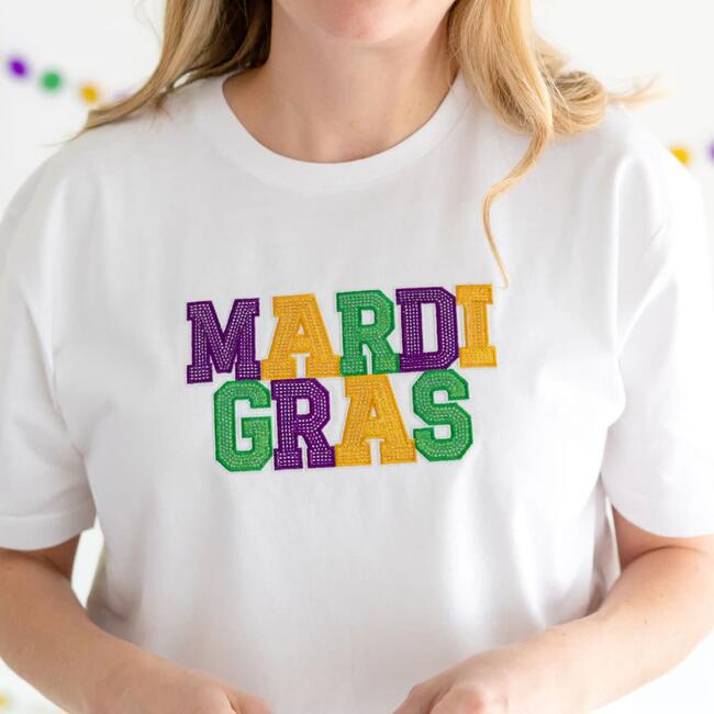 Mardi Gras Patch Adult Short Sleeve T-Shirt, White - T-Shirts - 4