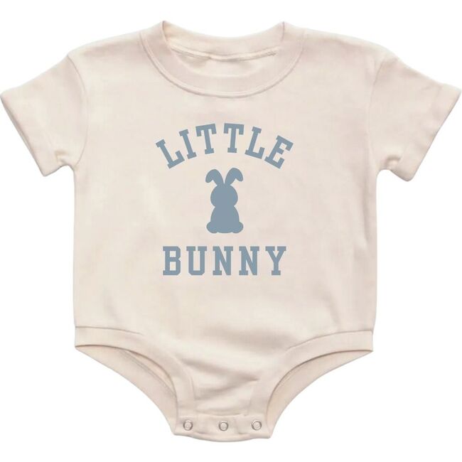 Little Bunny Steel Blue Easter Short Sleeve Romper, Natural - Rompers - 1