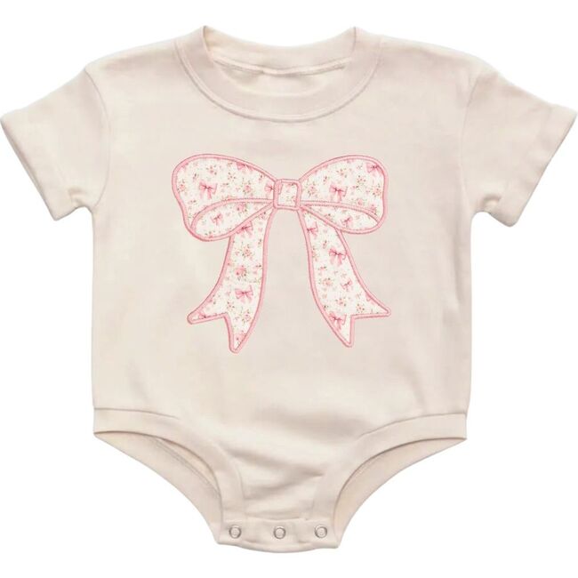 Ditsy Floral Bow Patch Short Sleeve Romper, Natural