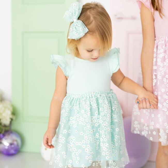 Aqua Ditsy Daisy Easter Tiered Short Sleeve Tutu Dress, Aqua - Dresses - 2