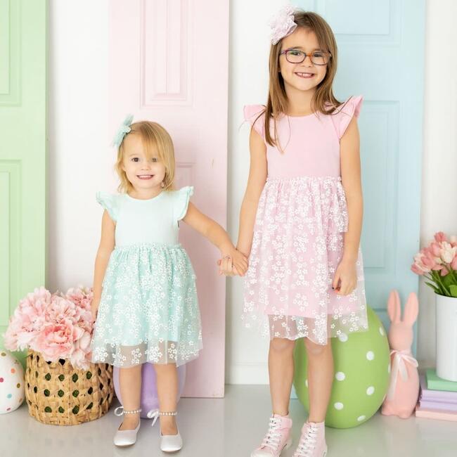 Aqua Ditsy Daisy Easter Tiered Short Sleeve Tutu Dress, Aqua - Dresses - 4