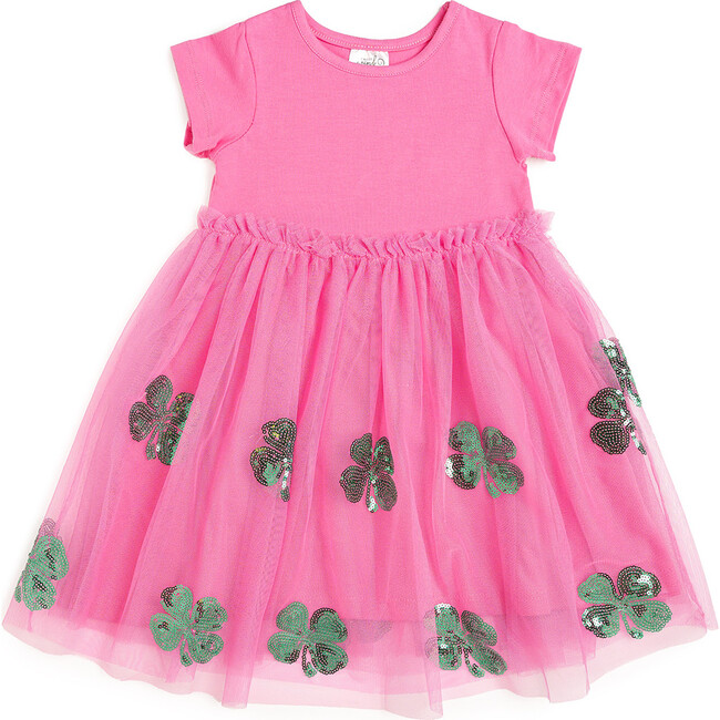 Pink Shamrock St. Patrick's Day Short Sleeve Tutu Dress, Pink