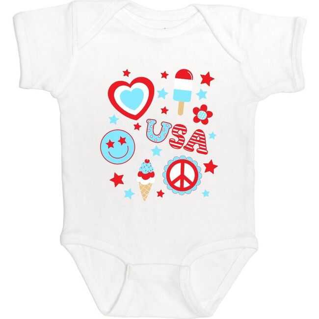4th Of July Doodle Short Sleeve Bodysuit, White