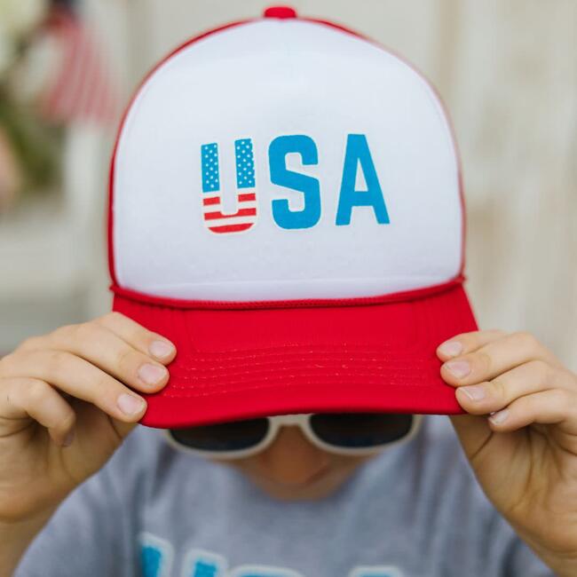 USA Flag Trucker Hat, Red