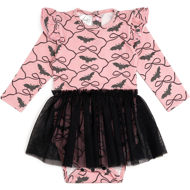 Bat Trellis Printed Halloween Long Sleeve Tutu Bodysuit, Multi