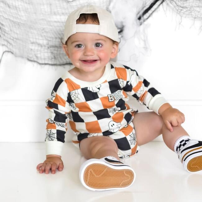 Boo Checkered Halloween Long Sleeve Romper, Natural - Rompers - 4