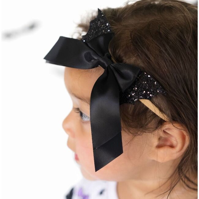 Glitter Bat Halloween Coquette Bow Baby Headband, Black - Headbands - 3