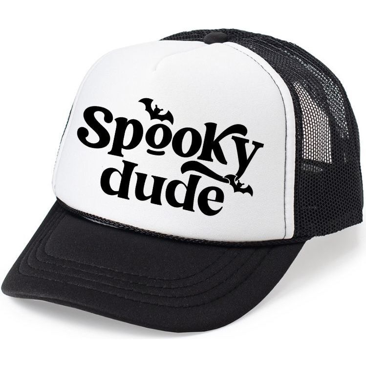 Spooky Dude Halloween Trucker Hat, Black - Hats - 1