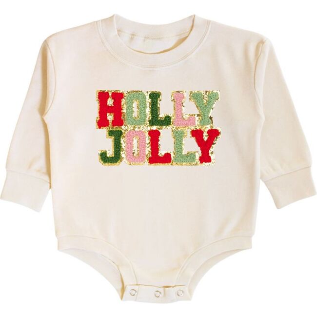 Holly Jolly Patch Christmas Long Sleeve Romper, Natural - Shirts - 1
