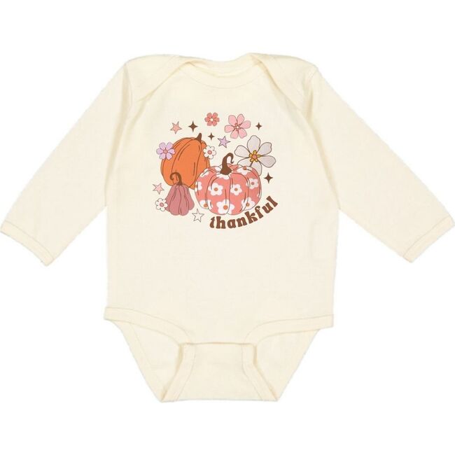 Thankful Pumpkin Daisy Thanksgiving Long Sleeve Bodysuit, Natural - Onesies - 1