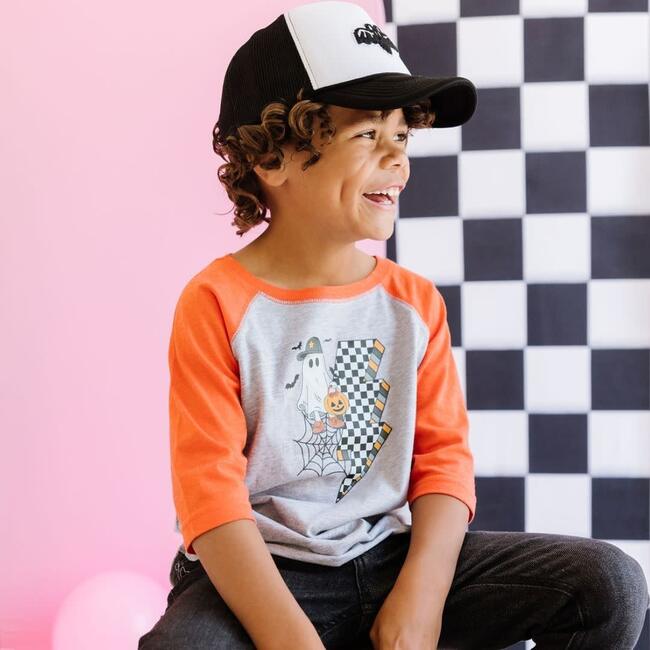 Checker Ghost Halloween 3/4 Shirt, Heather/Orange - Shirts - 3