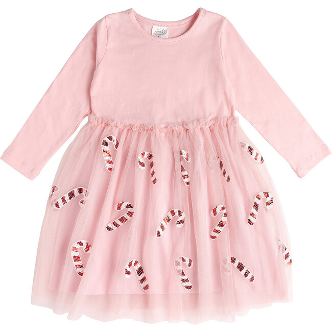 Candy Cane Christmas Long Sleeve Tutu Dress, Pink - Dresses - 1