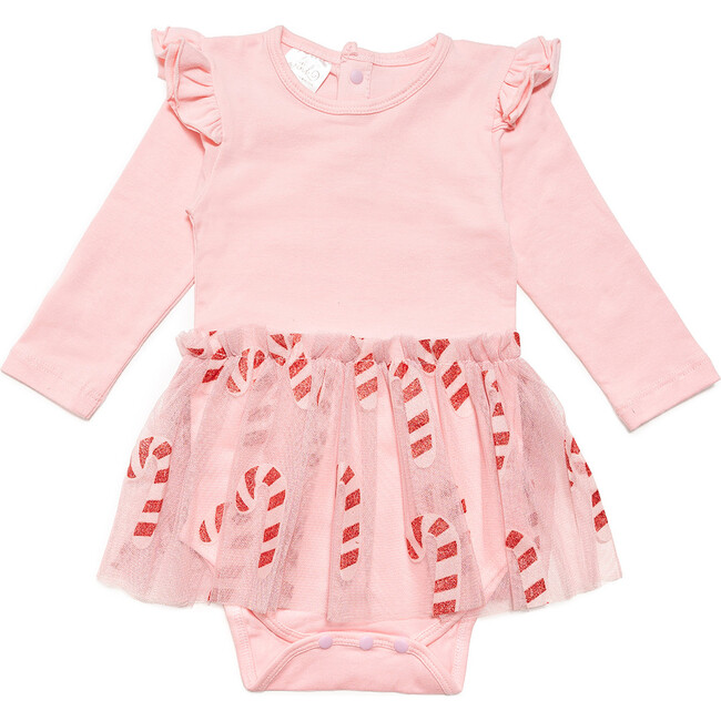 Candy Cane Christmas Long Sleeve Tutu Bodysuit, Pink - Onesies - 1