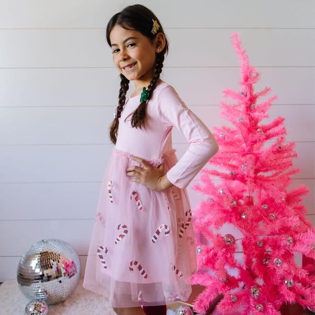 Candy Cane Christmas Long Sleeve Tutu Dress, Pink - Dresses - 3