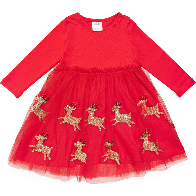 Reindeer Sequin Christmas Long Sleeve Tutu Dress, Red - Dresses - 1