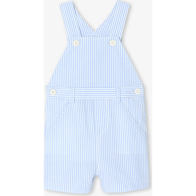 Baby Boy Short Overalls In Seersucker White/Light Blue - Rompers - 1