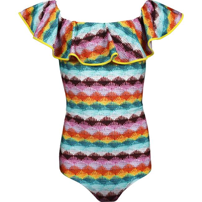 Pale Knit Ruffled On & Off-Shoulder Swimsuit, Multicolors