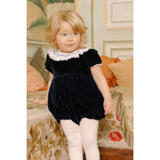 Celestine Navy Velvet Smocked Romper - Rompers - 2