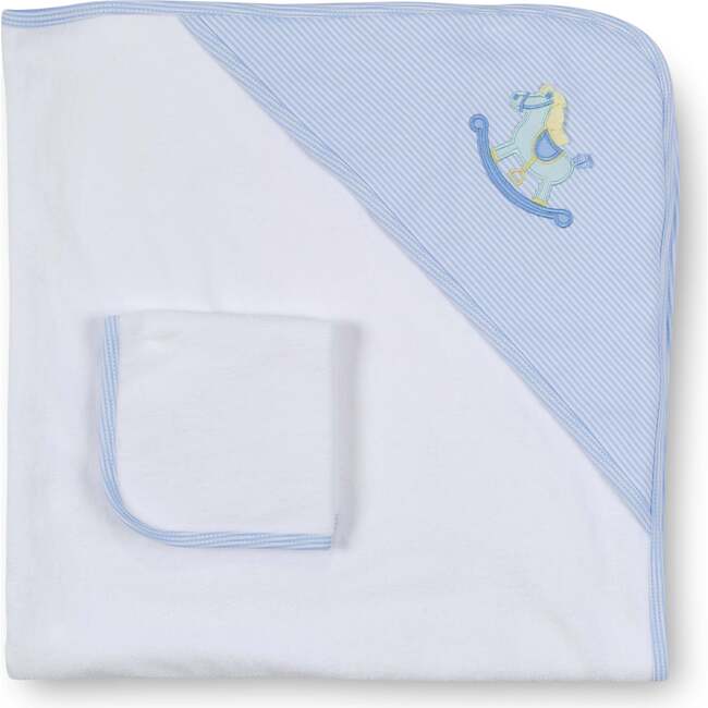 Stripe Knit Towel Set With Rocking Horse, Blue/White