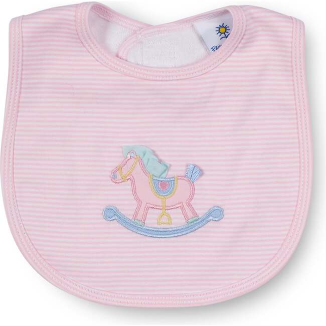 Stripe Knit Bib With Rocking Horse, Pink/White