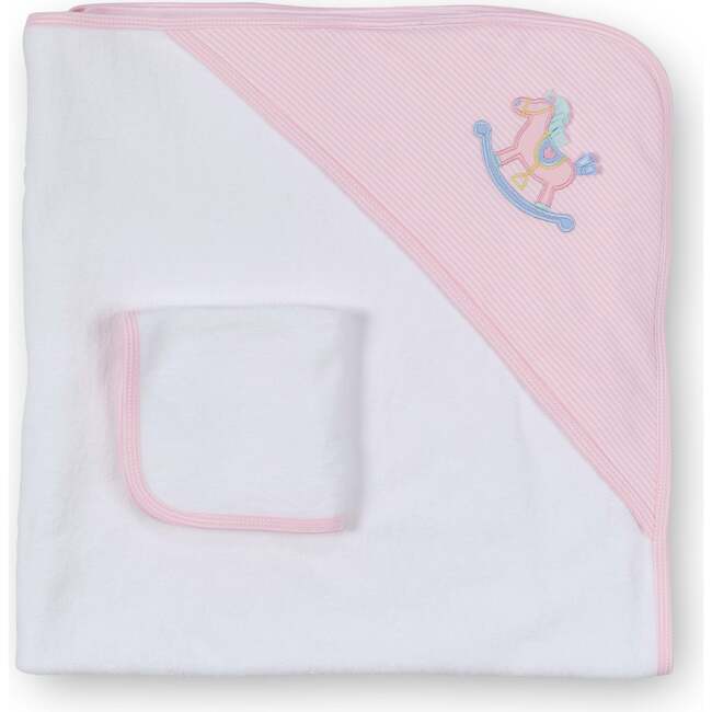 Stripe Knit Towel Set With Rocking Horse, Pink/White