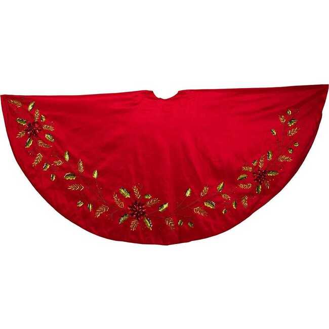 72-Inch Red Dupion Tree Skirt with Multi Sequin Poinsettia
