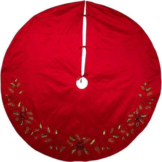 72-Inch Red Dupion Tree Skirt with Multi Sequin Poinsettia - Tree Skirts - 2