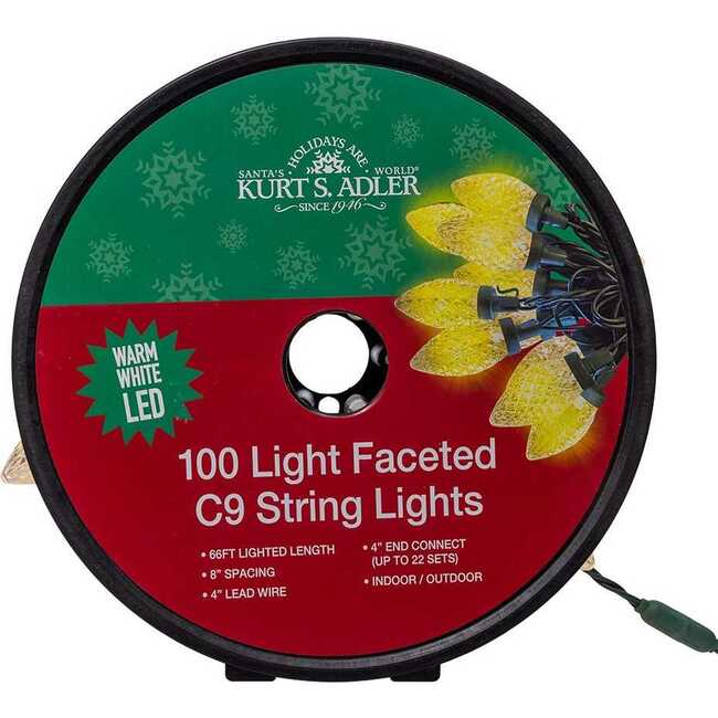 66-Foot UL 100-Light Warm White LED Faceted C9 Green Wire String Lights