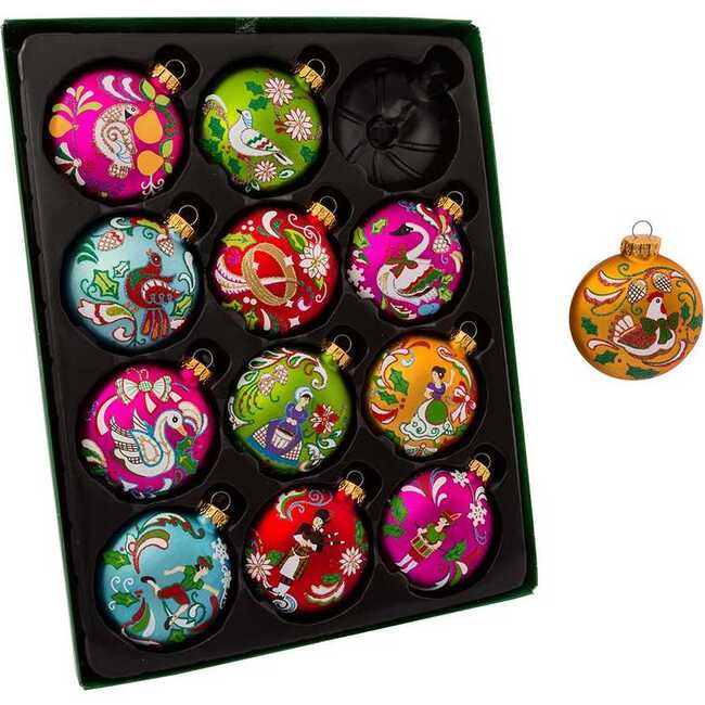 65MM Glass 12 Days Of Christmas Glass Ball Ornaments, 12-Piece Boxed Set