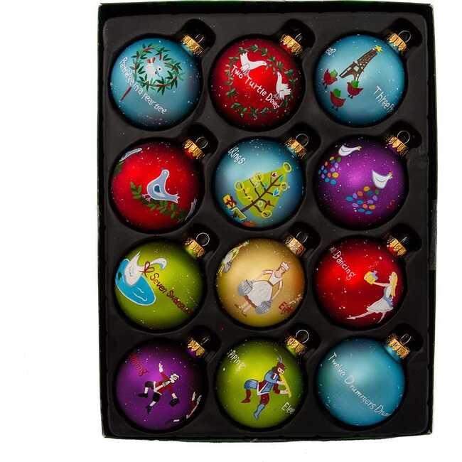 65MM Glass 12 Days Of Christmas Ball Ornaments, 12-Piece Boxed Set