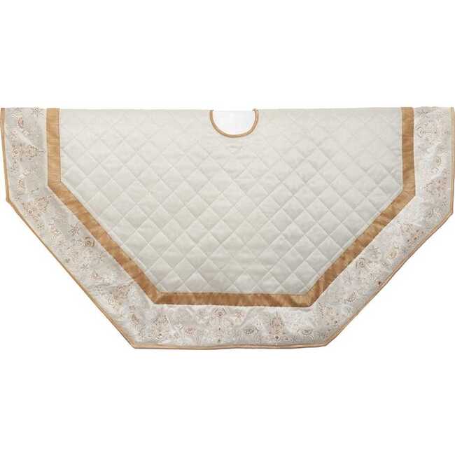 60-Inch Ivory Dupion With Center Quilting and Embroidered Border Tree Skirt